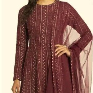 Sani Tawny Port Burgundy Gold Samud Embroidered Anarkali with Dupatta